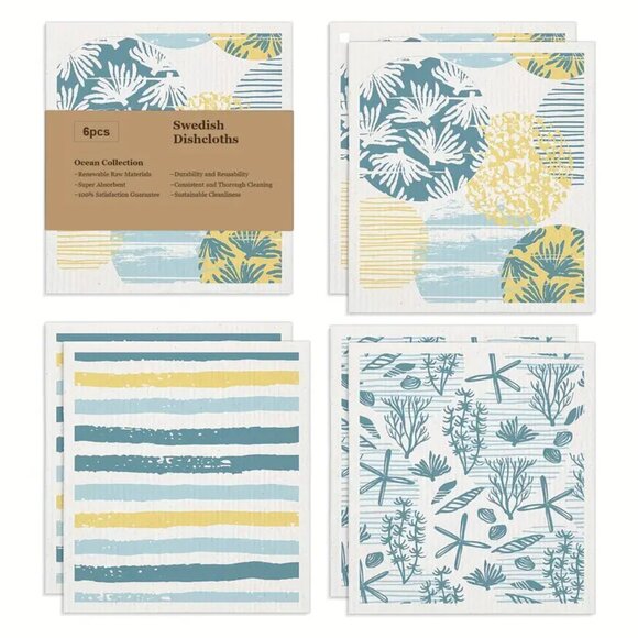 NEW Set of 6 Swedish Dishcloths - Ocean Collection, Reusable & Sustainable - Picture 2 of 7